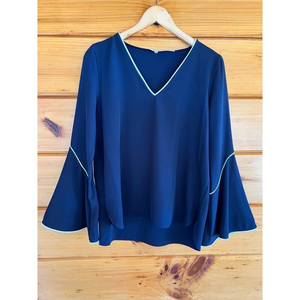 Calvin Klein Fairy Flowy Womens V-Neck Small Dark Blue Sleek Bell Sleeves - Picture 1 of 4
